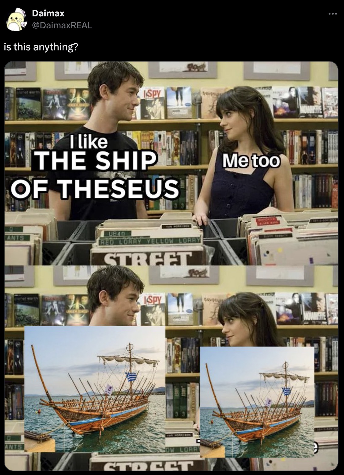 boy and girl library meme template - Daimax is this anything? Spy I The Ship Of Theseus Ants Conchica UB40 Red Lorry Yellow Lorry Street Spy Metoo Ants Ow Lorr Stocet Nowanere